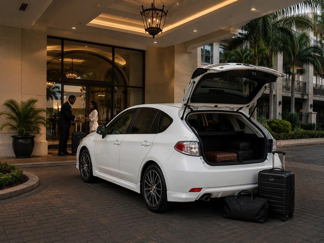White Subaru Impreza with luggage loaded at a hotel entrance for a RoadRunners Express by Angel transfer